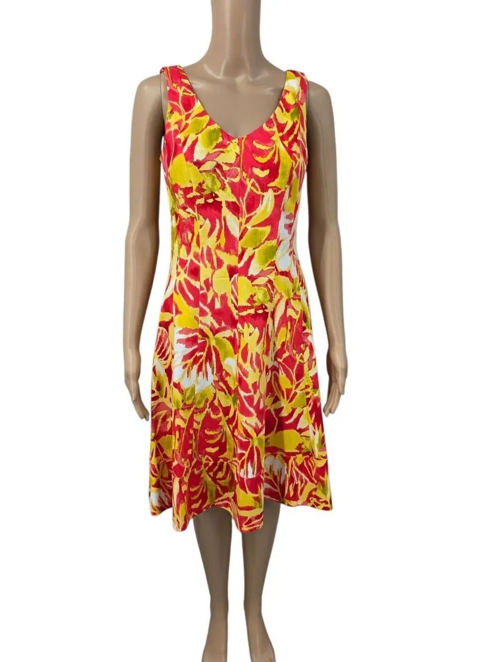 Lauren Ralph Lauren Yellow & Coral Red Abstract Tropical Floral Midi Dress